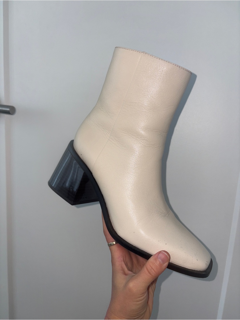 Sam Edelman Cream Leather Ankle Boots with Block Heel - Women's